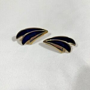 Vintage Gold Tone Black Enamel Clip On Earrings Geometric Statement Wing Fan 80s